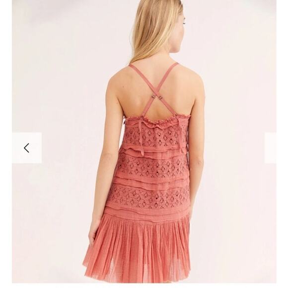 Free People Shailee Slip Dress Lace Gauzy Slip Mini Ruffled Skirt Cooper M NWOT - Picture 3 of 6